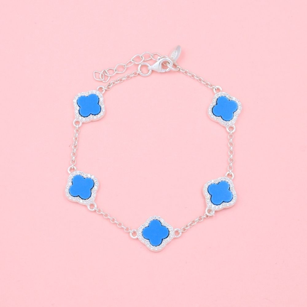 Pulsera de Plata .925 Trébol con Turquesa y Zirconias mod. 0978