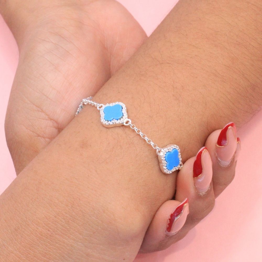 Pulsera de Plata .925 Trébol con Turquesa y Zirconias mod. 0978