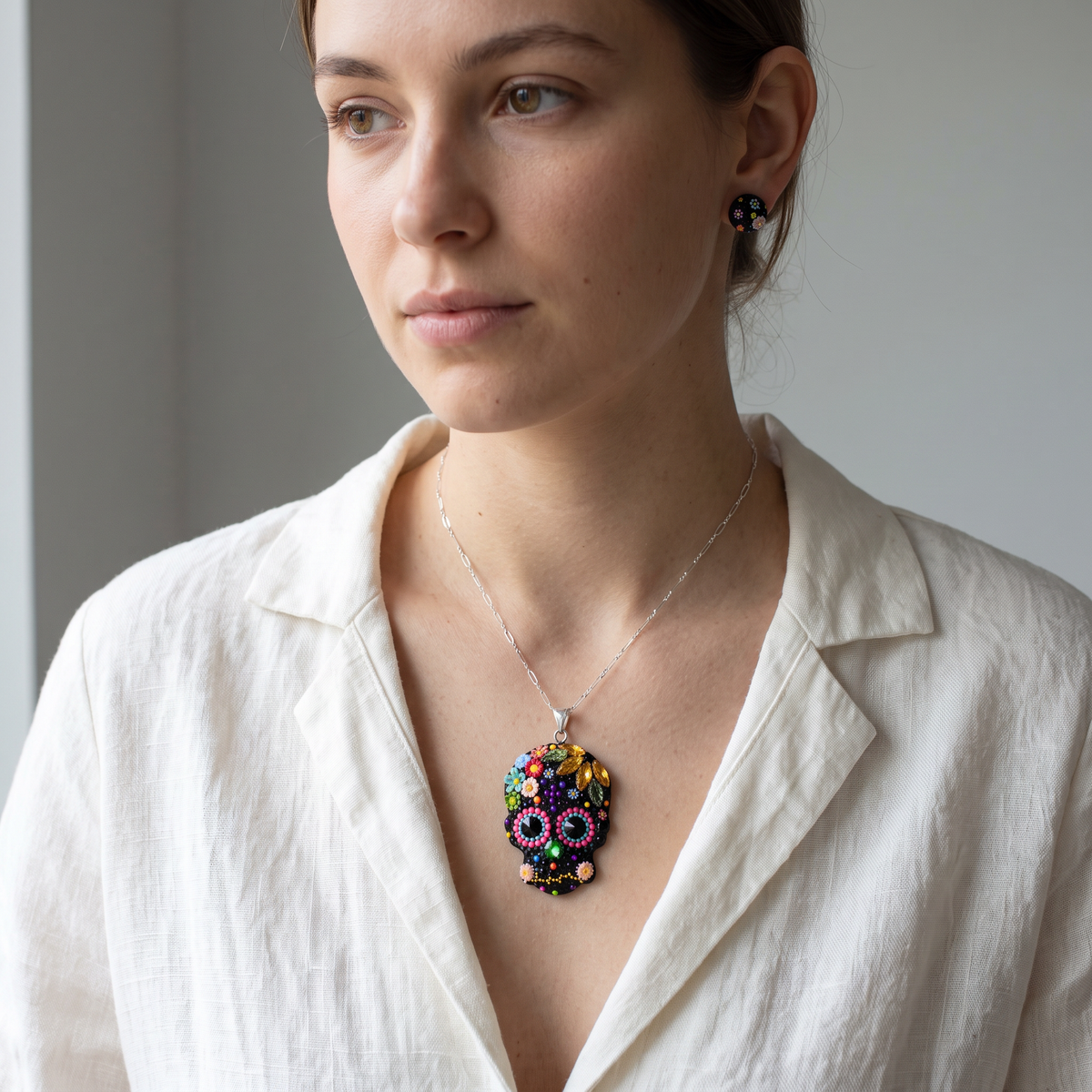 Coordinado de Plata .925 Con Diseño de Calavera Mexicana y Zirconia Negra mod. 3245