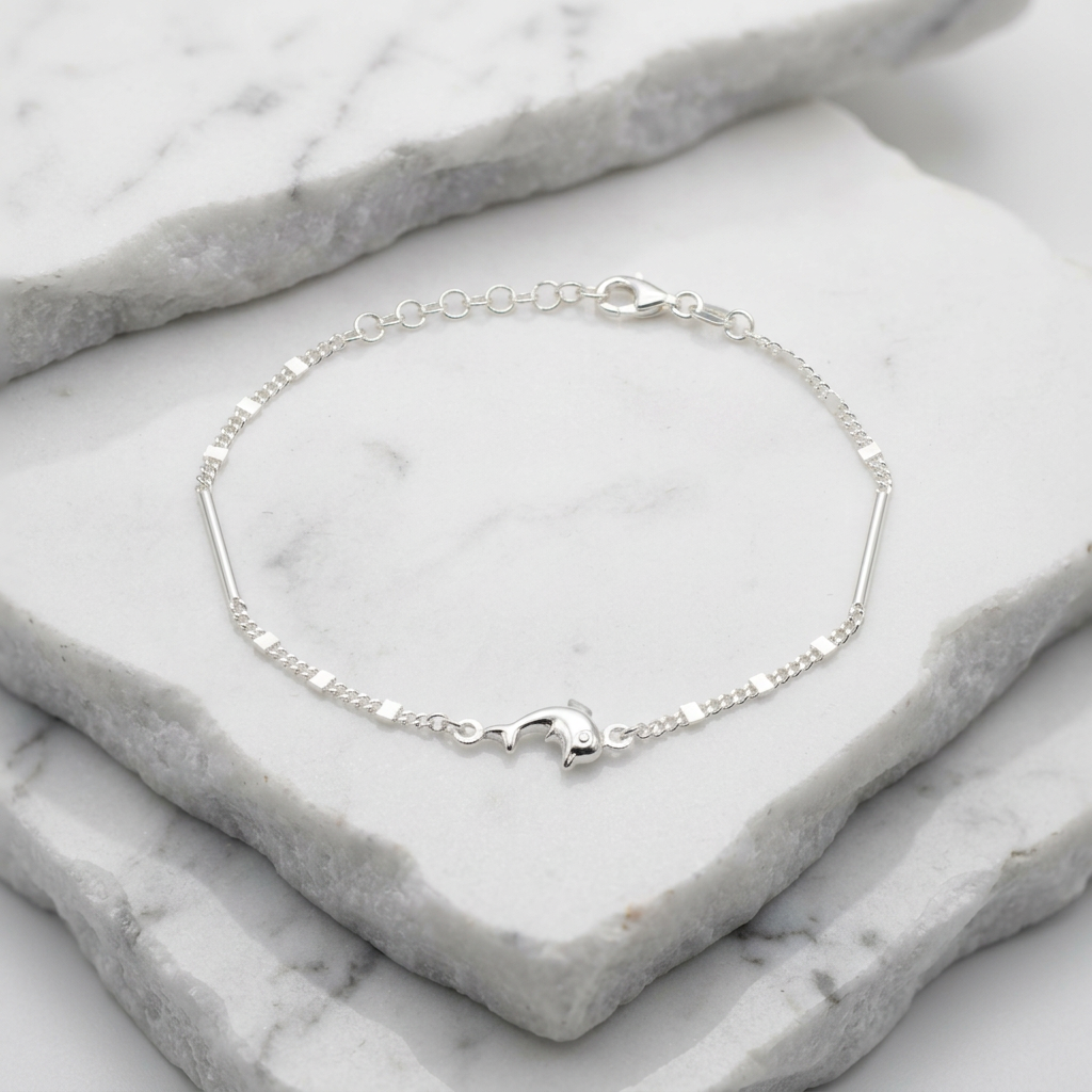 Pulsera de Plata. 925 con Tejido Combinado y Colgante de Delfin con Extensión mod.3275