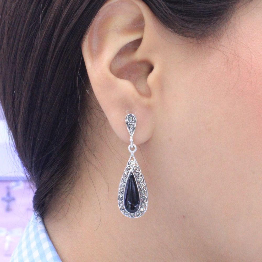 Arete Largo de Plata .925 Gota de Ónix con Bisel de Marquesitas mod. 1216