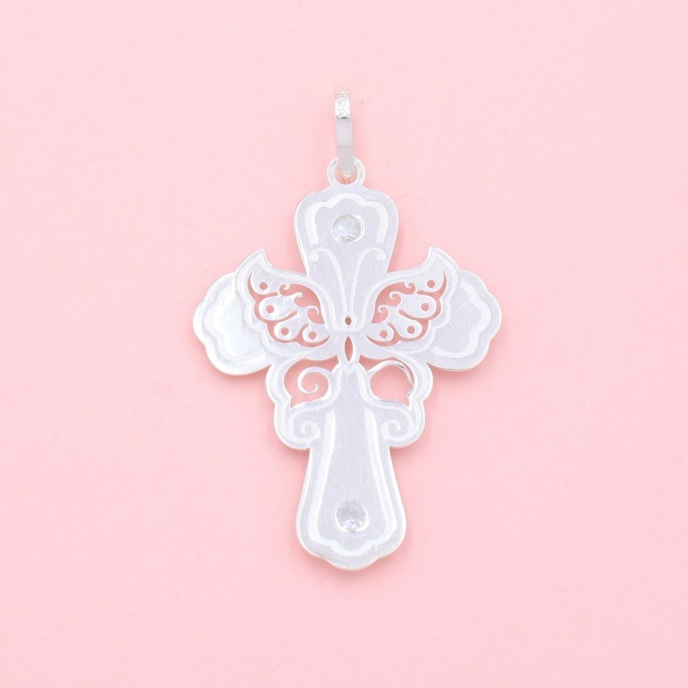 Cruz de Plata .925 Diseño Plano con Grabado Mate y Zirconias Incrustadas mod. 1244