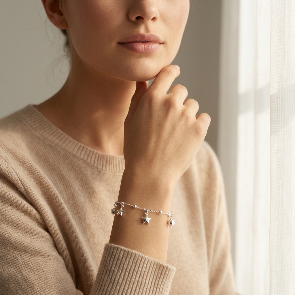 Pulsera de Plata. 925  con Tejido de Puntos y Estrellas con Esferas Colgantes mod.3284
