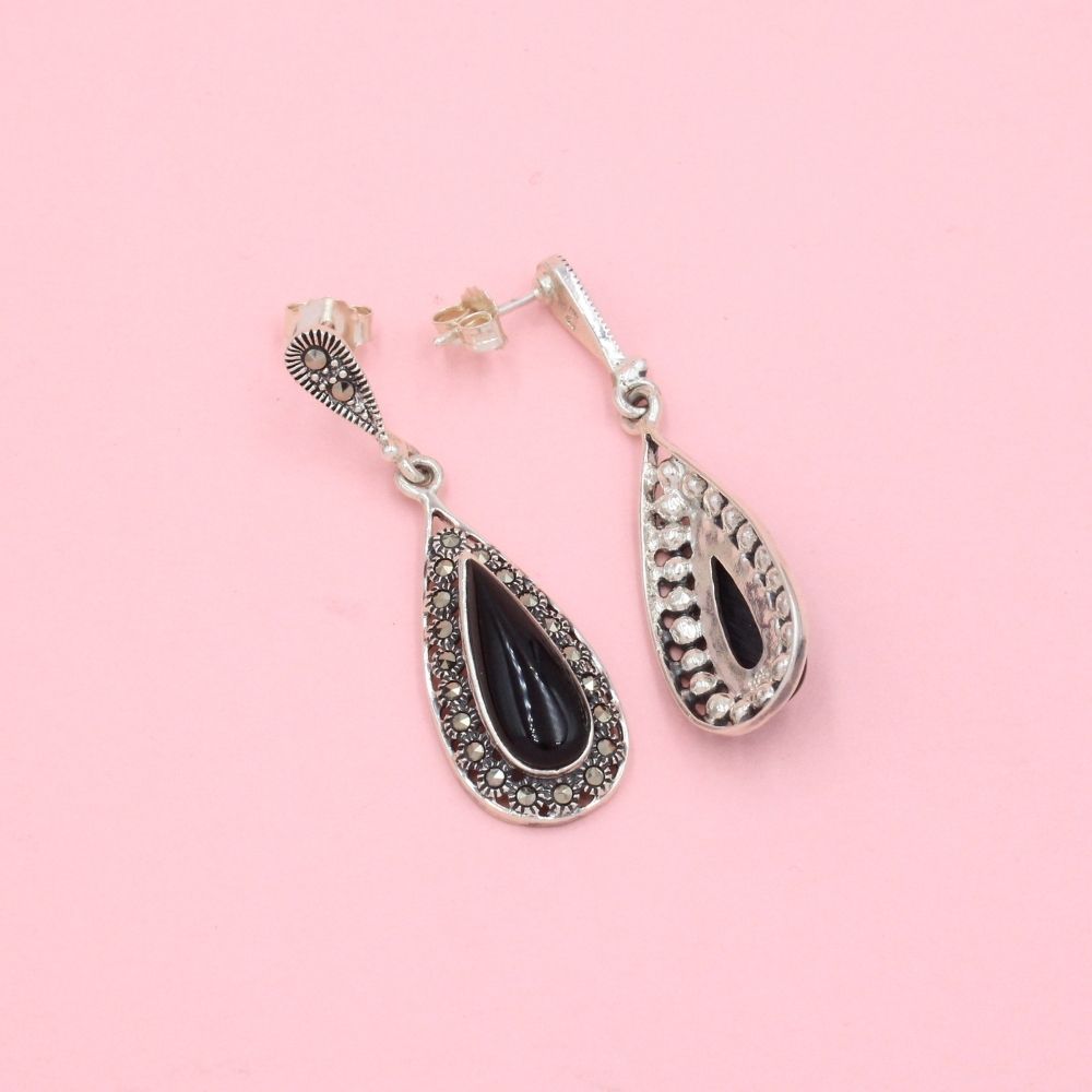 Arete Largo de Plata .925 Gota de Ónix con Bisel de Marquesitas mod. 1216