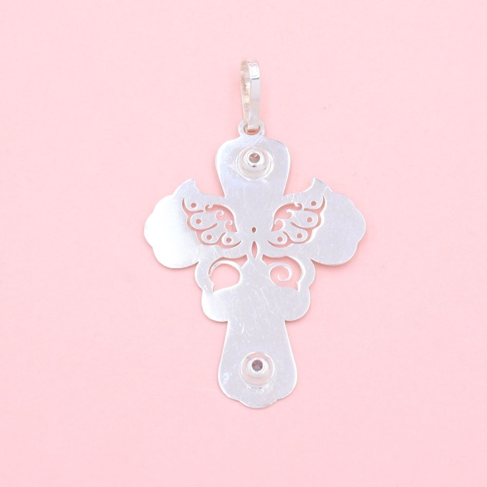 Cruz de Plata .925 Diseño Plano con Grabado Mate y Zirconias Incrustadas mod. 1244