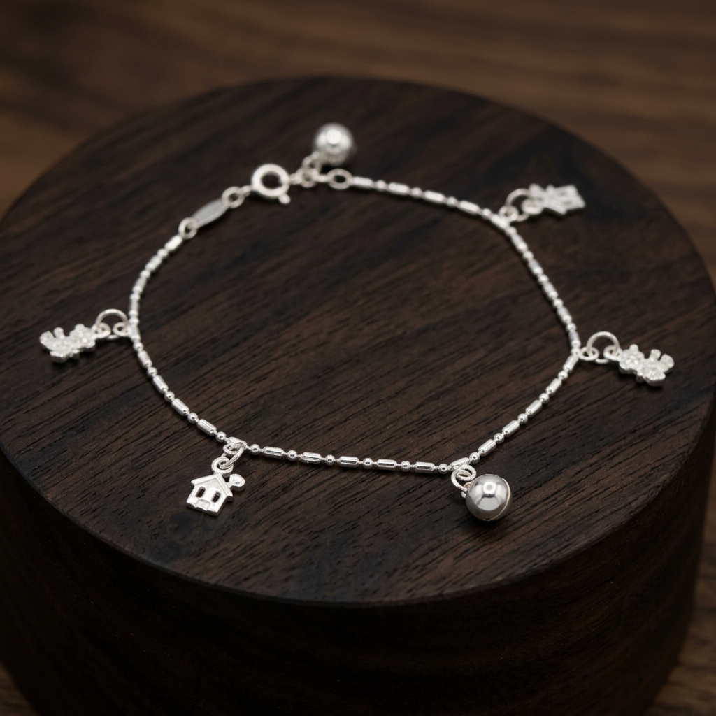 Pulsera de Plata. 925 Con Tejido Punto y Coma Diseño de Osos y Cascabel Colgante mod.3276