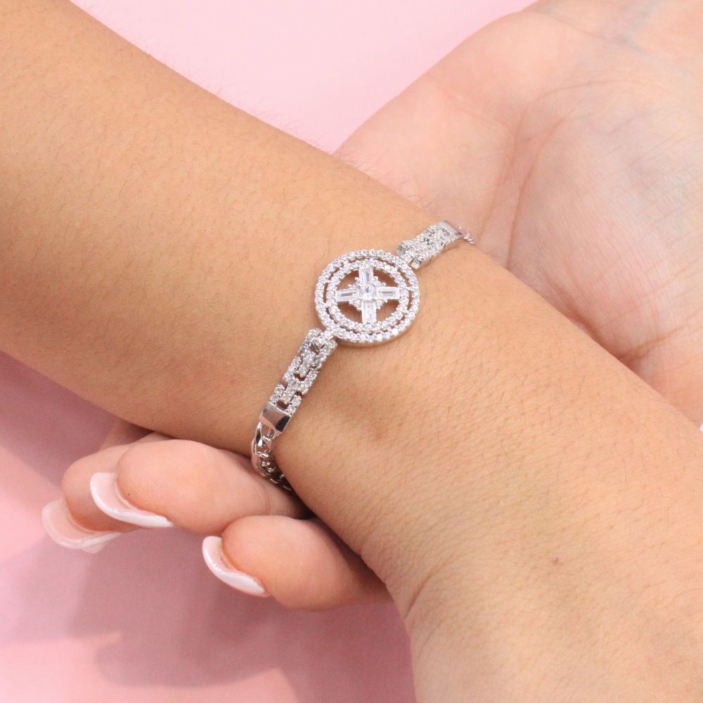 Pulsera de Plata .925 de Tejido Barbado Hueco con Diseño Especial con Zirconias mod. 1336