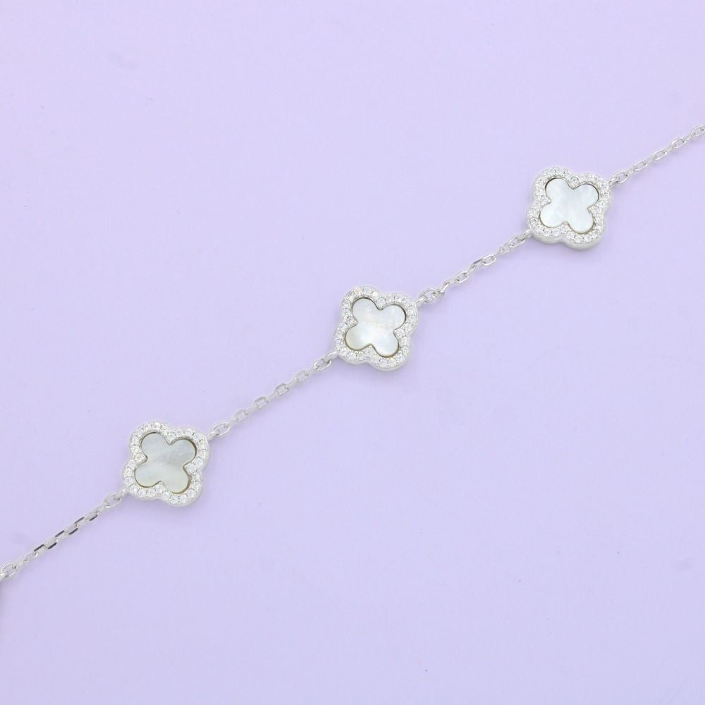 Pulsera de Plata .925 Diseño de Trébol Incrustado de Madre Perla. 1469