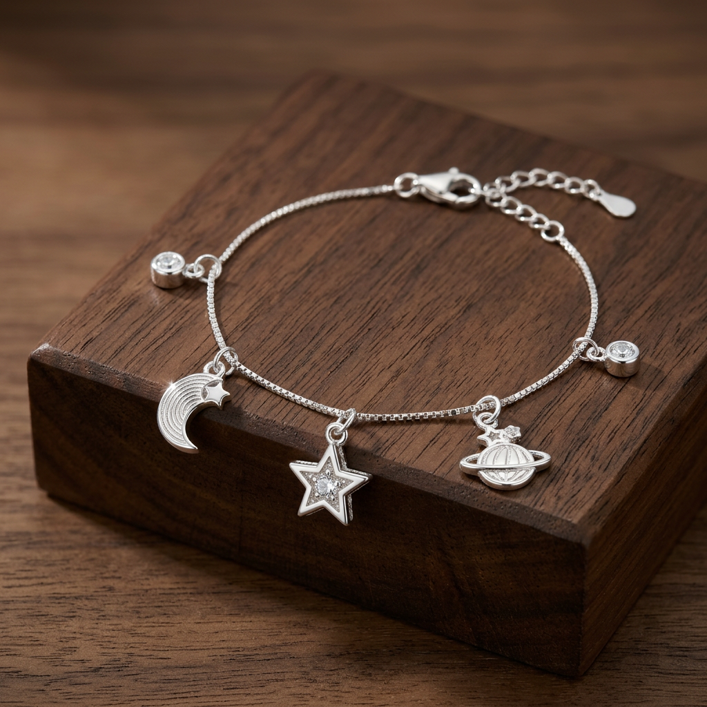 Pulsera de Plata. 925 Diseño de Saturno, Luna y Estrella Colgantes con Extensión  mod.3272
