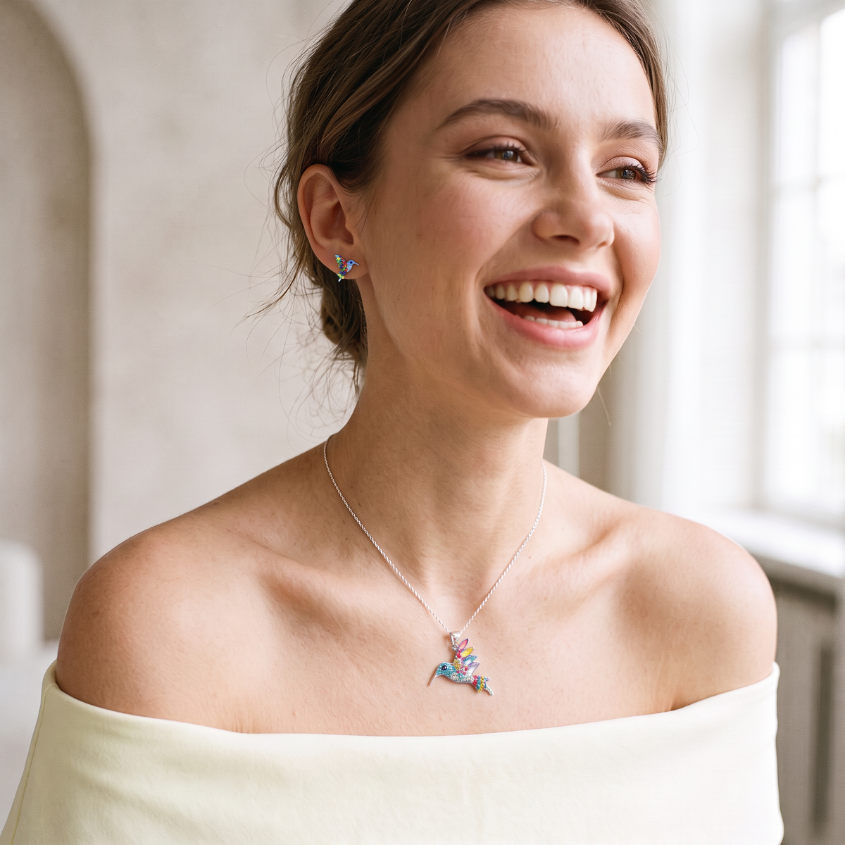Coordinado de Plata .925Con Diseño de Colibrí Azul y Zirconia mod. 3246