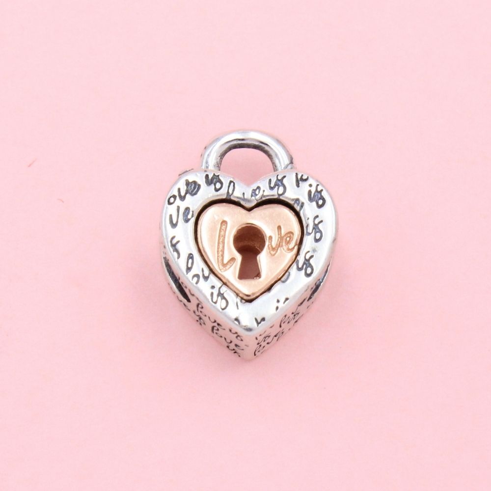 Charm de Plata .925 Candado de Corazón con Grabado Especial Detallado con Plata Rosa mod. 1303