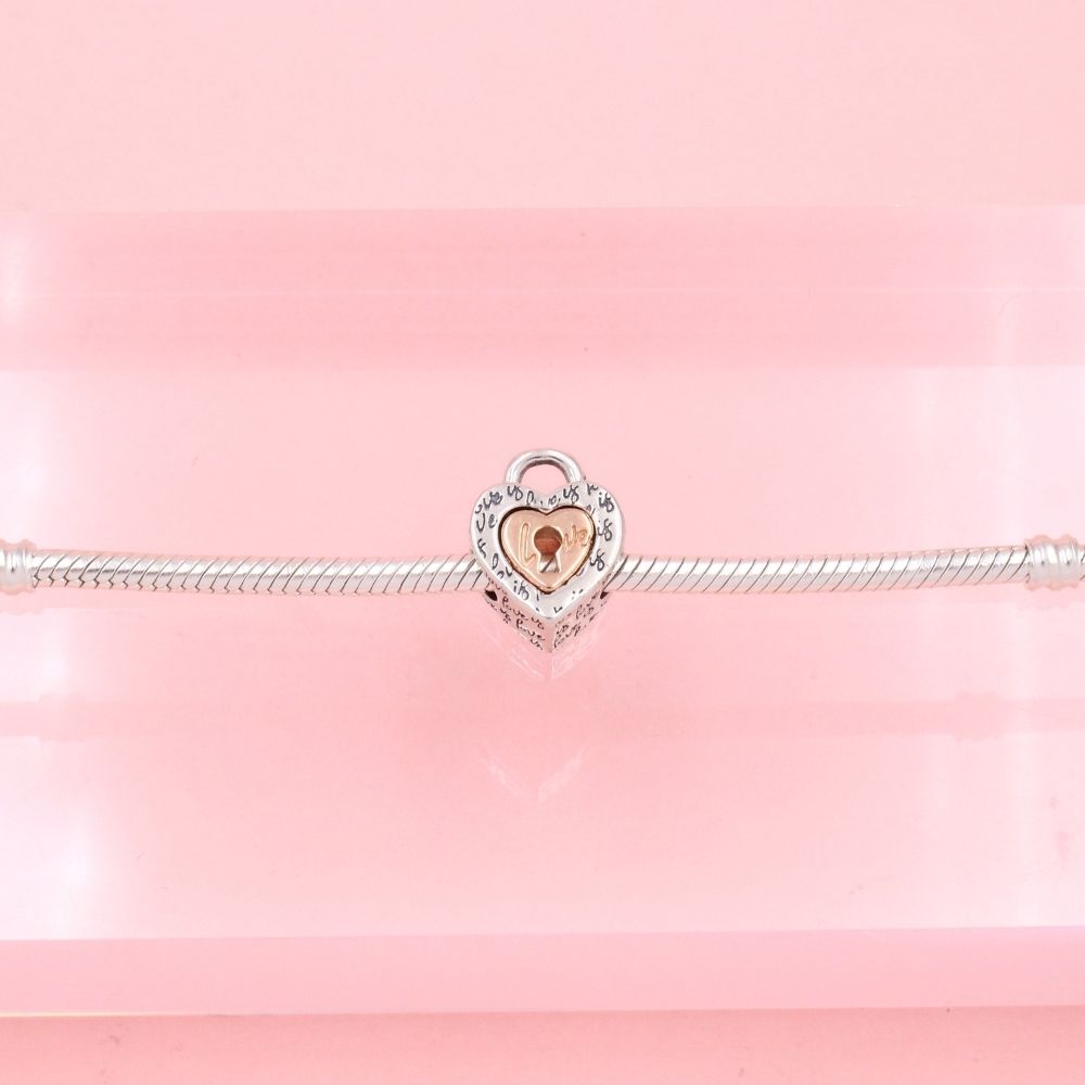 Charm de Plata .925 Candado de Corazón con Grabado Especial Detallado con Plata Rosa mod. 1303