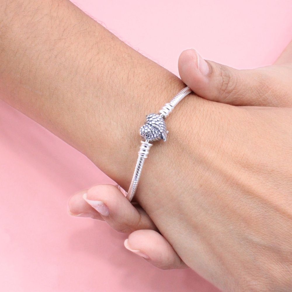 Pulsera Especial de Plata .925 Tejido Cola de Ratón con Broche Corazón de Alas mod. 1289