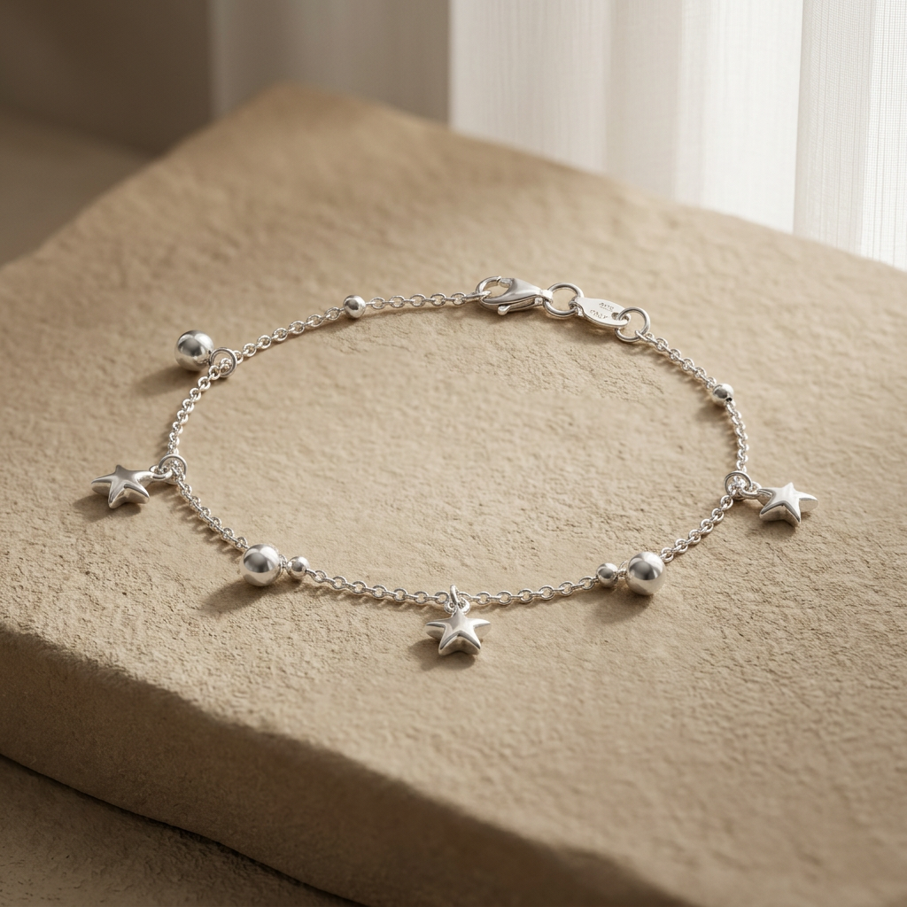 Pulsera de Plata. 925  con Tejido de Puntos y Estrellas con Esferas Colgantes mod.3284