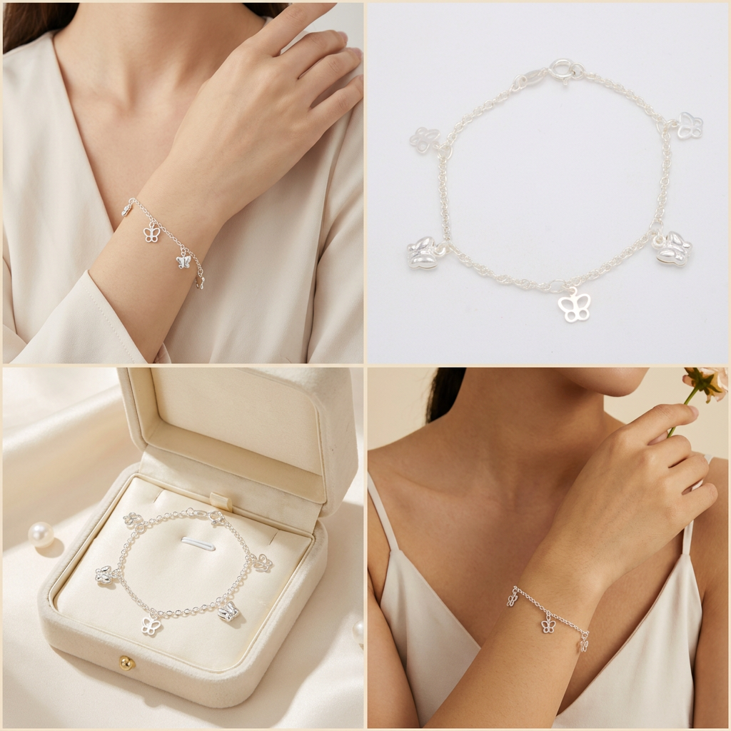 Pulsera de Plata. 925 con Mariposas Lisas y Caladas con Colgante y Extensión mod.3281