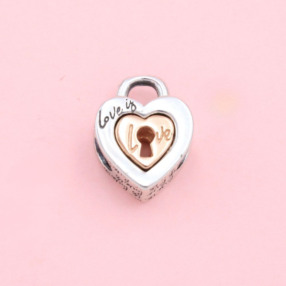 Charm de Plata .925 Candado de Corazón con Grabado Especial Detallado con Plata Rosa mod. 1303