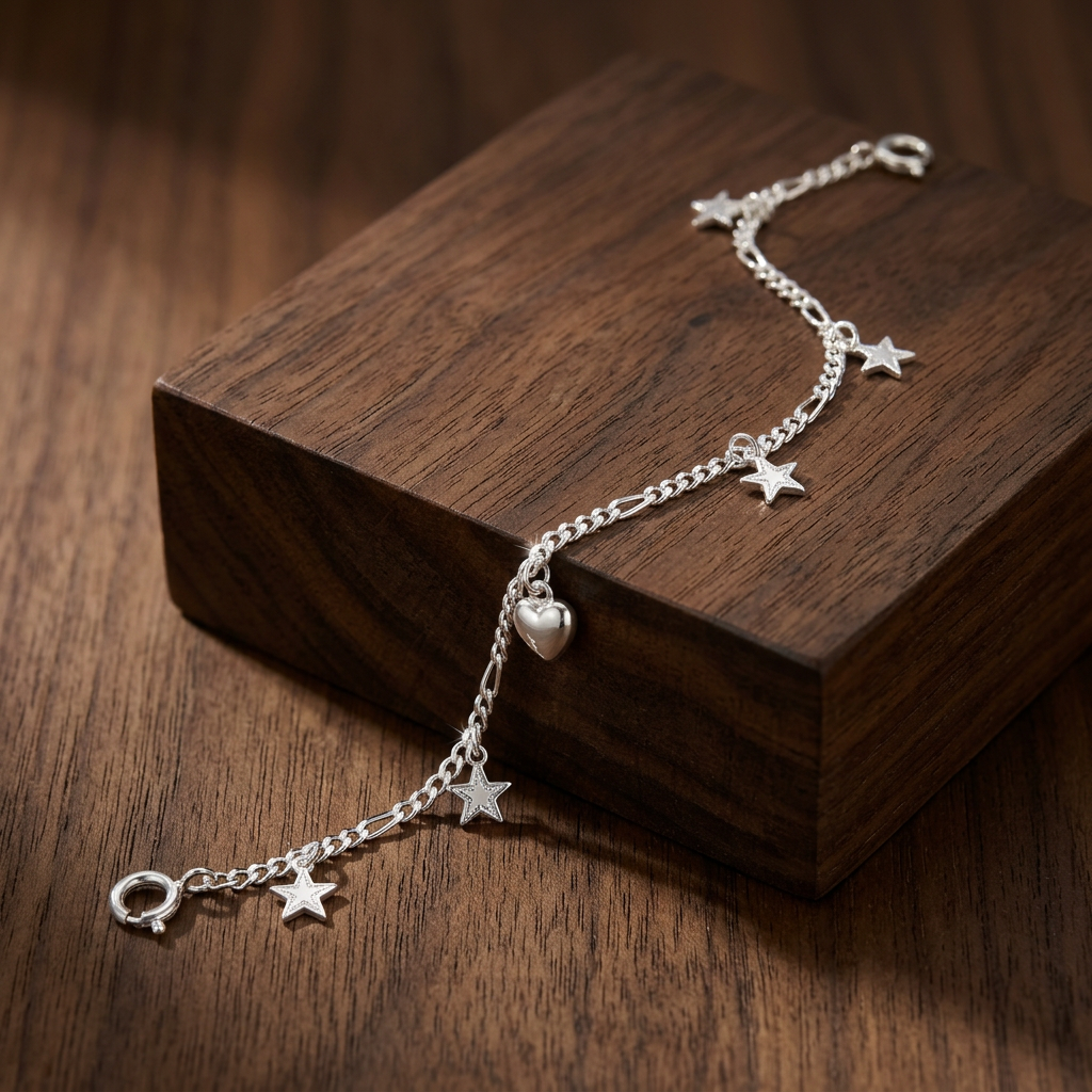 Pulsera de Plata. 925 Tejido 5x1 Con Estrellas y Corazones Colgantes Diseño mod.3280