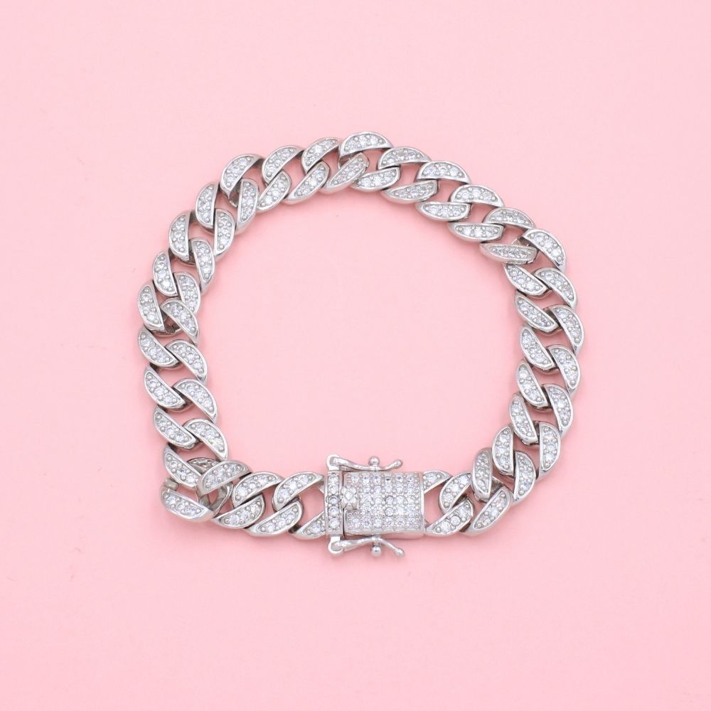 Pulsera de Plata .925 Tejido Barbado de Diseño Curvo e Incrustado con Zirconias mod. 1279