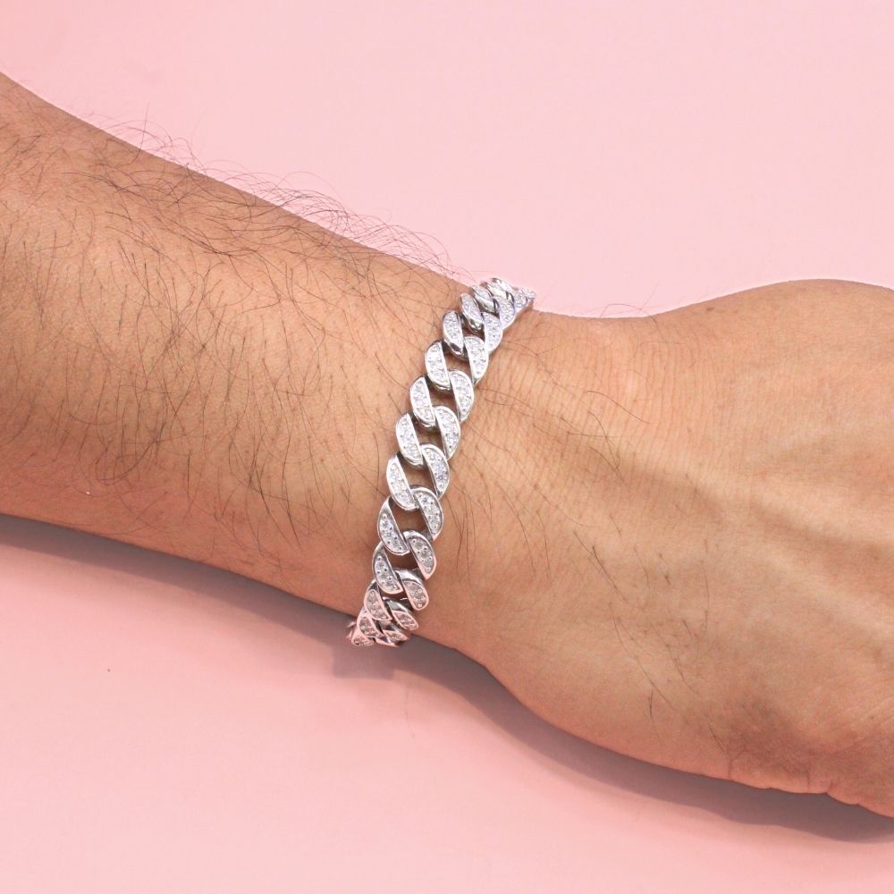 Pulsera de Plata .925 Tejido Barbado de Diseño Curvo e Incrustado con Zirconias mod. 1279