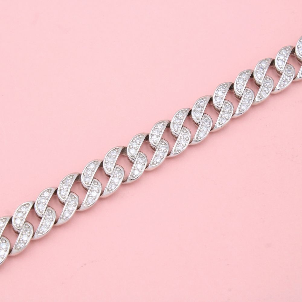 Pulsera de Plata .925 Tejido Barbado de Diseño Curvo e Incrustado con Zirconias mod. 1279