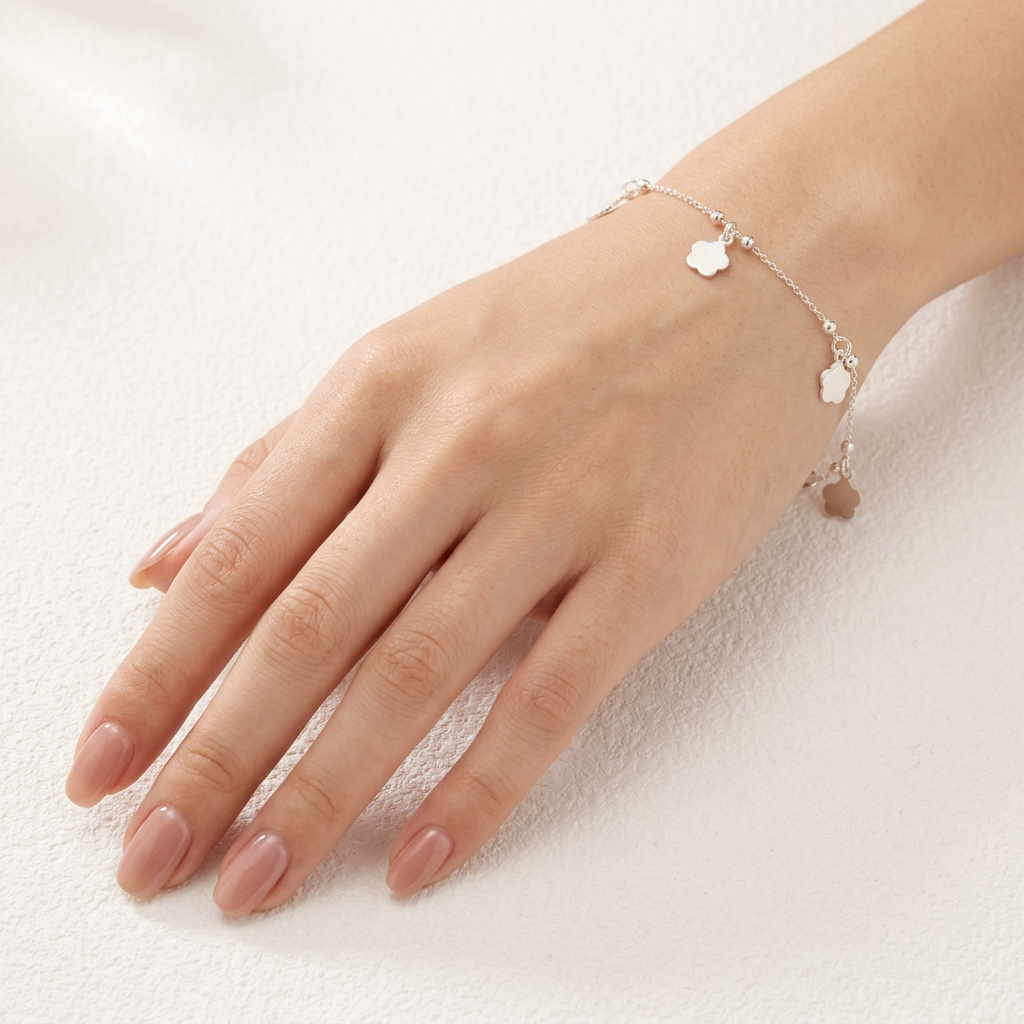 Pulsera de Plata. 925 Diseño Flores Lisas con Colgantes Elegantes y Extención mod.3277
