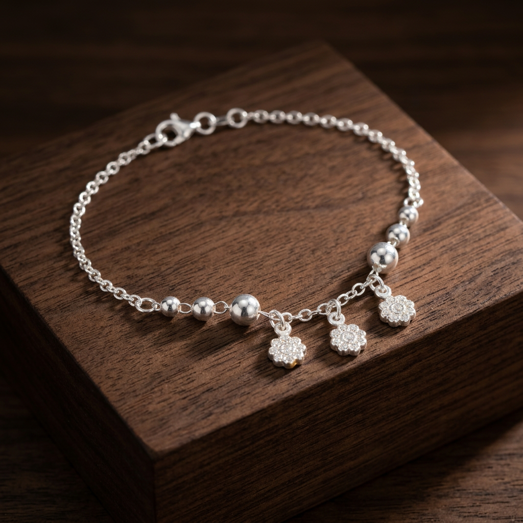 Pulsera de Plata. 925 Diseño de Esferas con Girasoles Colgantes Brillantes con Extensión mod.3283