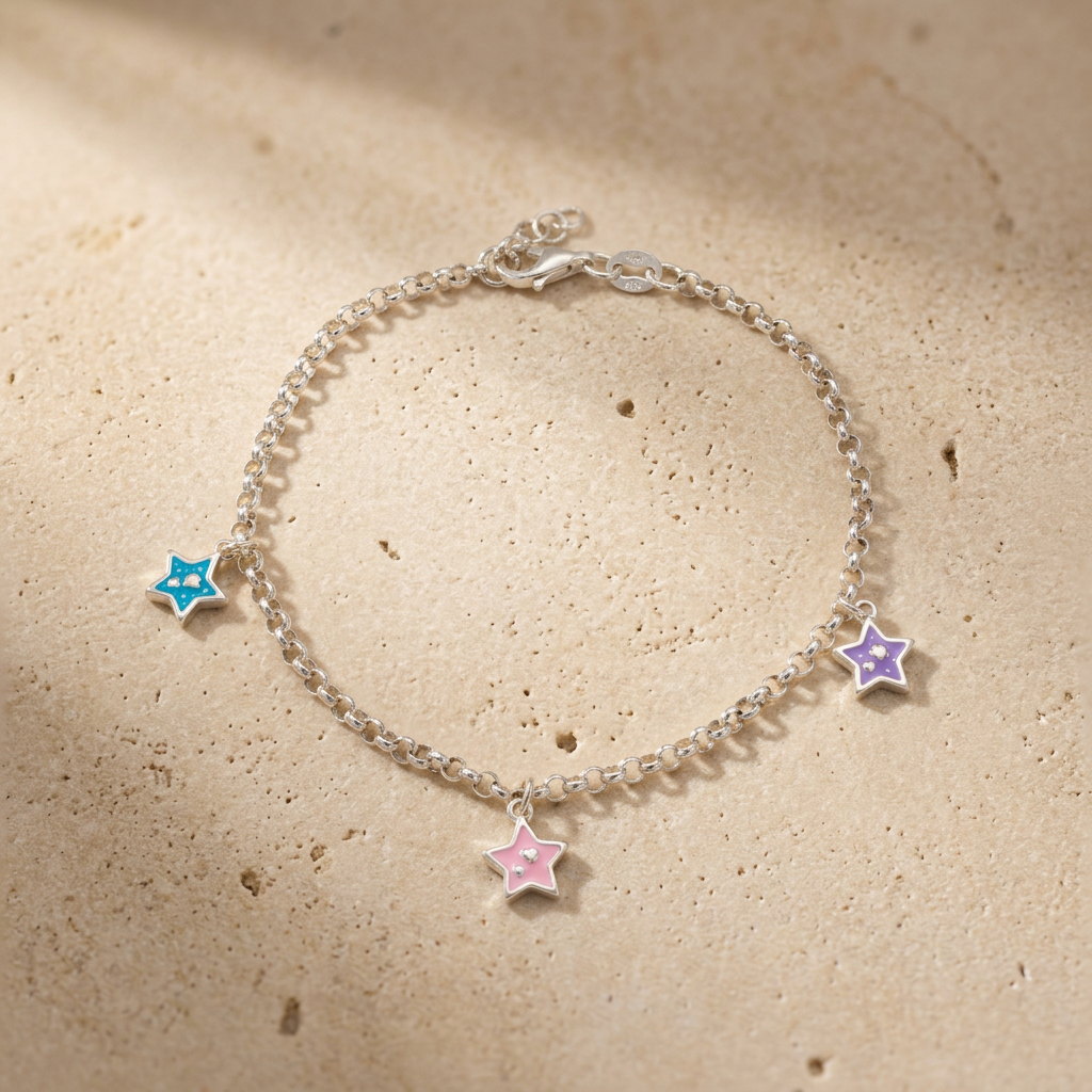 Pulsera de Plata. 925 Diseño de Estrellas Morado, Rosa y Verde Colgante con Extensión mod.3270
