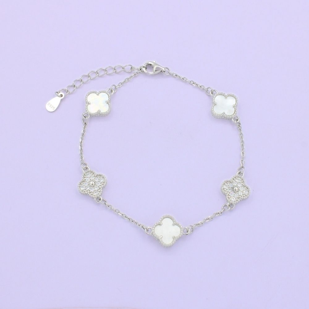 Pulsera de Plata .925 con Tréboles de Madre Perla y Zirconias Alternadas mod. 1467