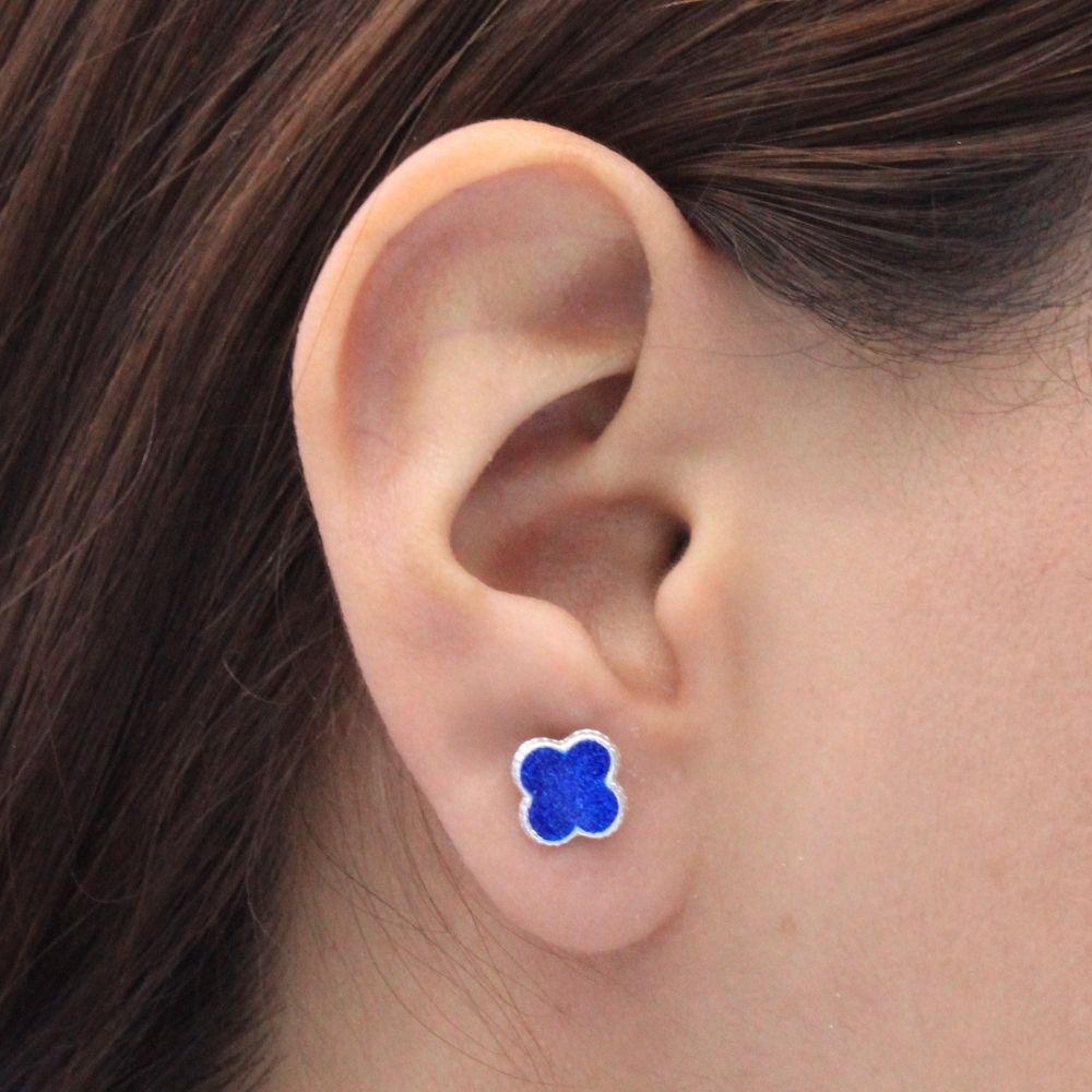 Arete de Plata .925 Elegante con Forma de Trébol en Color Azul Rey mod. 1449