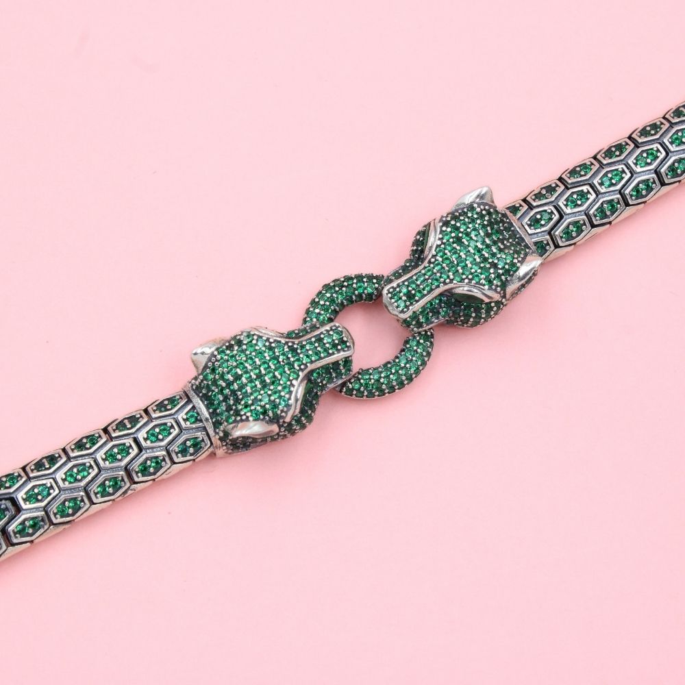 Pulsera Especial Tejido de Vibora Hueco con Incrustación de Zirconia Verde Esmeralda mod. 0898