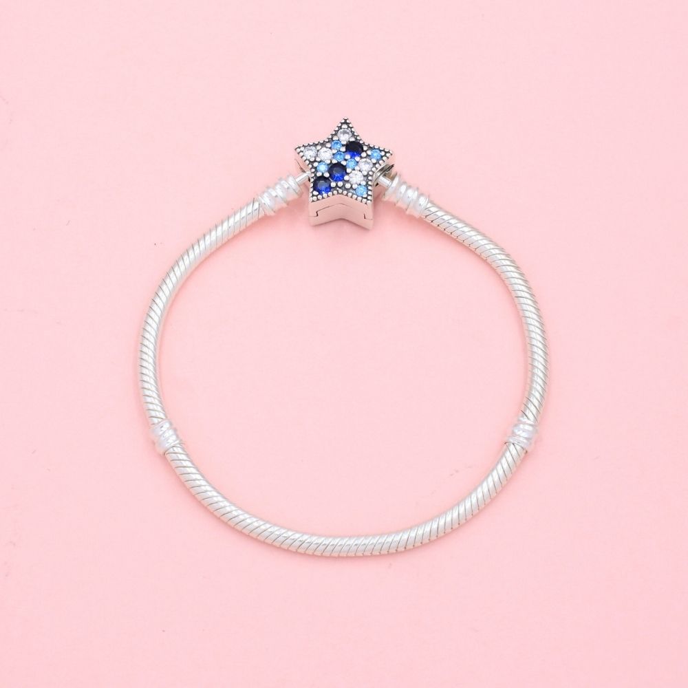 Pulsera Especial de Plata .925 Tejido Cola de Ratón con Broche de Estrella con Zirconias Azules mod. 1291