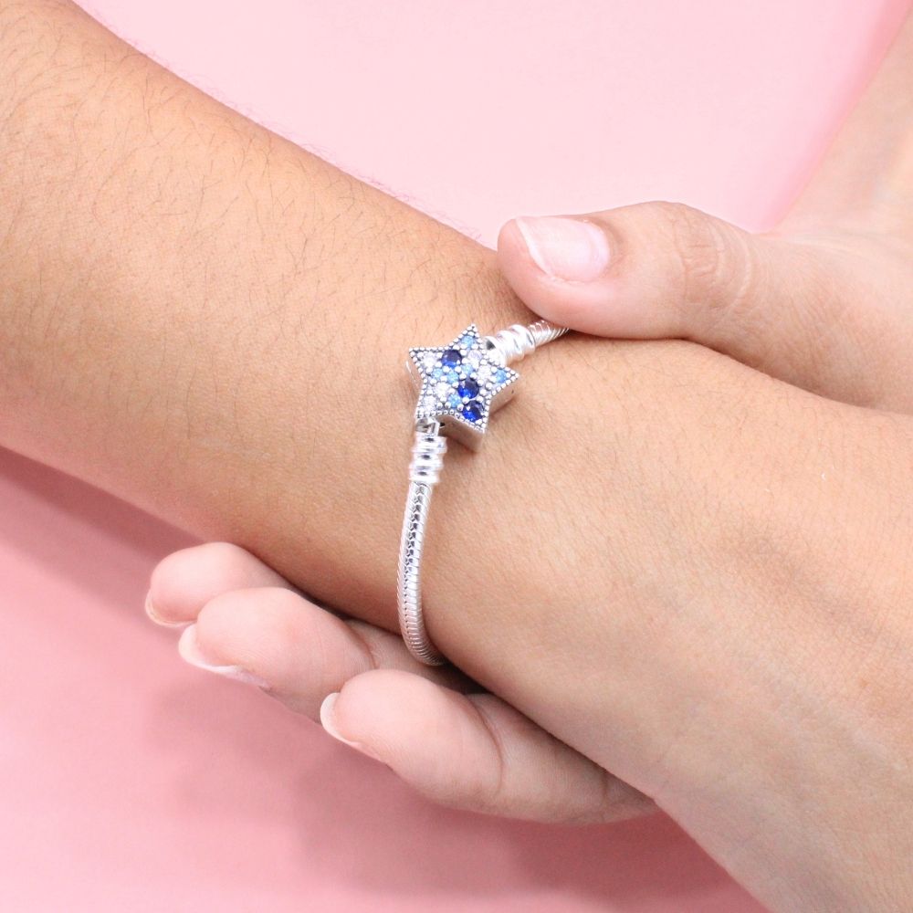 Pulsera Especial de Plata .925 Tejido Cola de Ratón con Broche de Estrella con Zirconias Azules mod. 1291