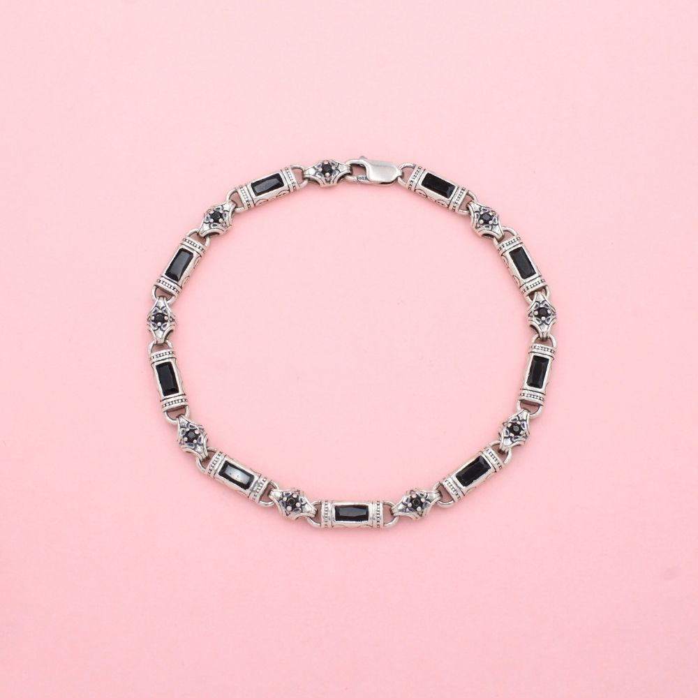 Pulsera de Plata .925 Diseño Hueco Rodizado con Incrustación de Ónix mod. 1341