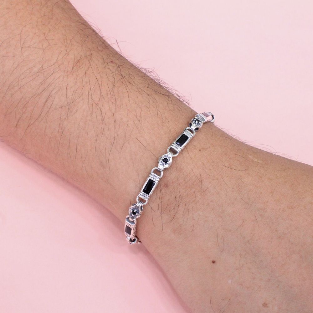 Pulsera de Plata .925 Diseño Hueco Rodizado con Incrustación de Ónix mod. 1341