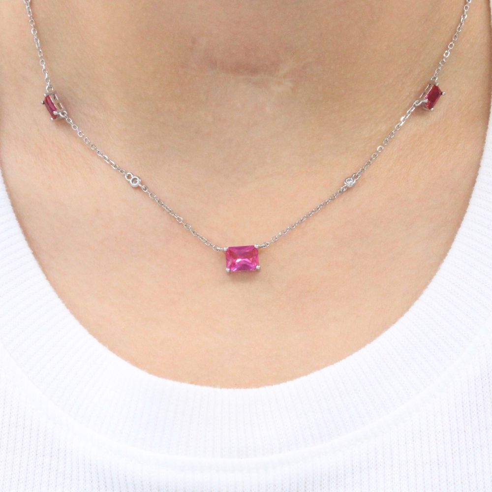 Gargantilla de Plata .925 de Diseño Elegante con Zirconias Finas de Color Rosa Fucsia mod. 1197