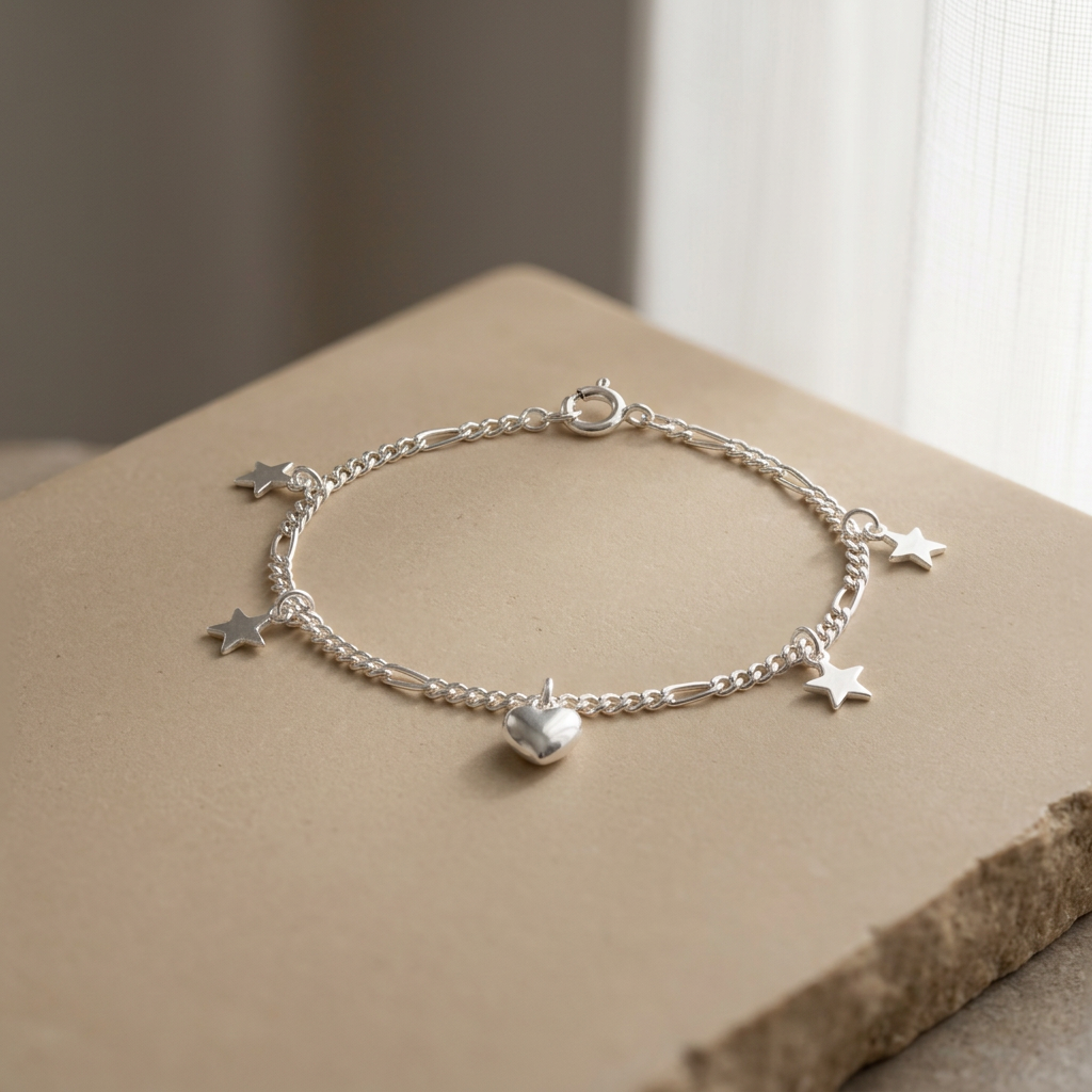Pulsera de Plata. 925 Tejido 5x1 Con Estrellas y Corazones Colgantes Diseño mod.3280