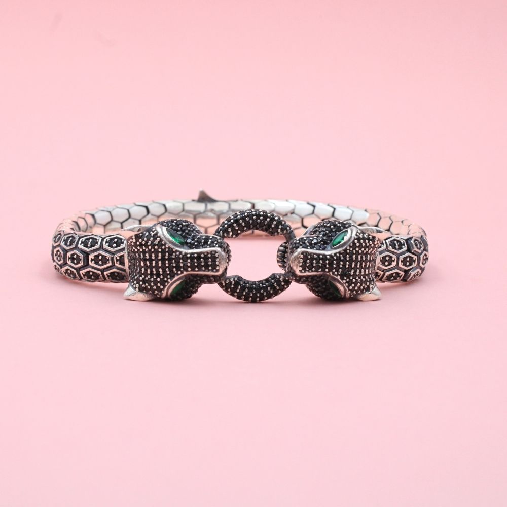 Pulsera Especial Tejido de Vibora Hueco y Rodizado con Incrustación de Zirconia Obscura mod. 0899
