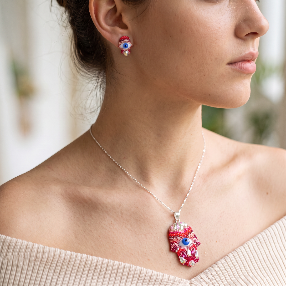 Coordinado de Plata .925 Mano de Fatima Color Rosa y Zirconia mod. 3244