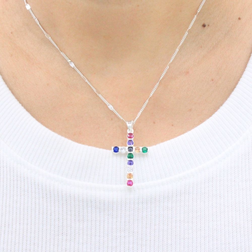 Cruz de Plata .925 con Zirconias de Colores mod. 1256