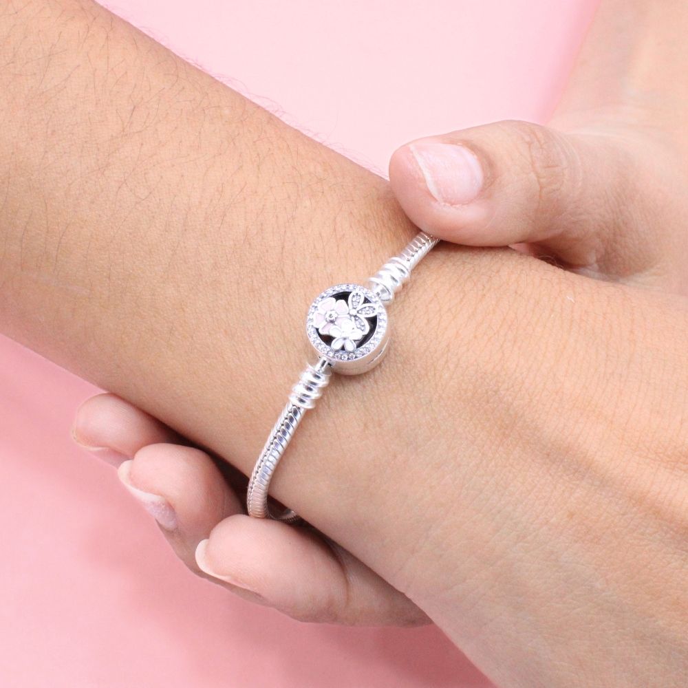 Pulsera Especial de Plata .925 Tejido Cola de Ratón con Broche de Flores y Zirconias mod. 1292