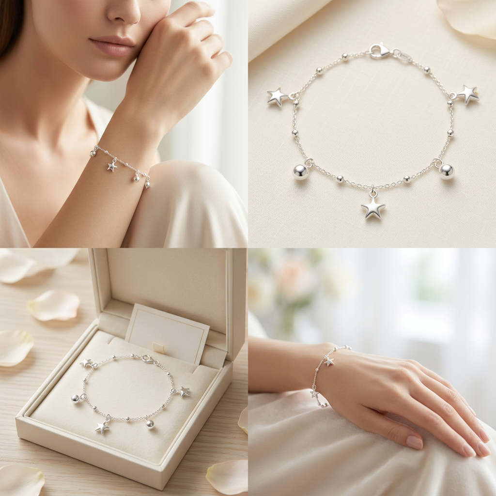 Pulsera de Plata. 925  con Tejido de Puntos y Estrellas con Esferas Colgantes mod.3284
