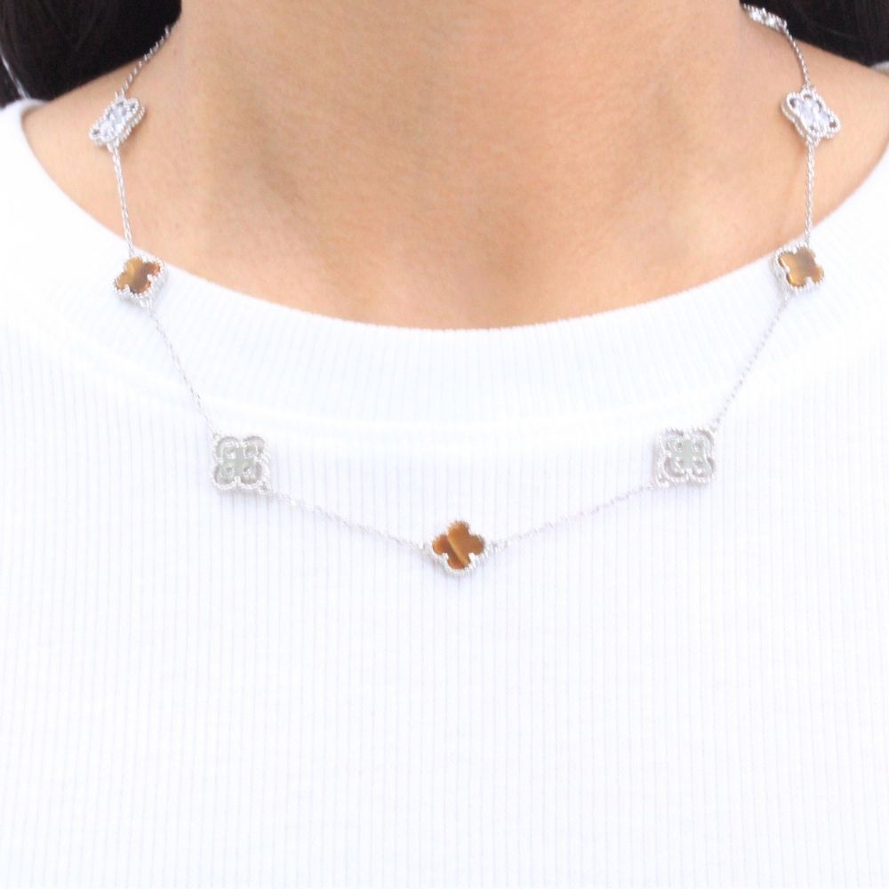 Gargantilla de Plata .925 con Tréboles de Ojo de Tigre e Incrustados con Zirconias Finas mod. 1035