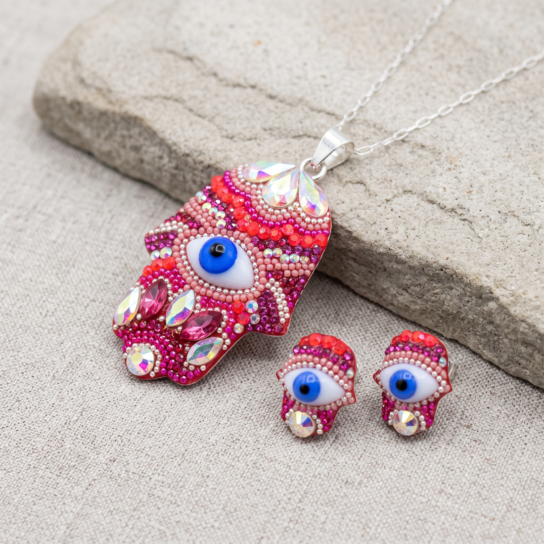 Coordinado de Plata .925 Mano de Fatima Color Rosa y Zirconia mod. 3244
