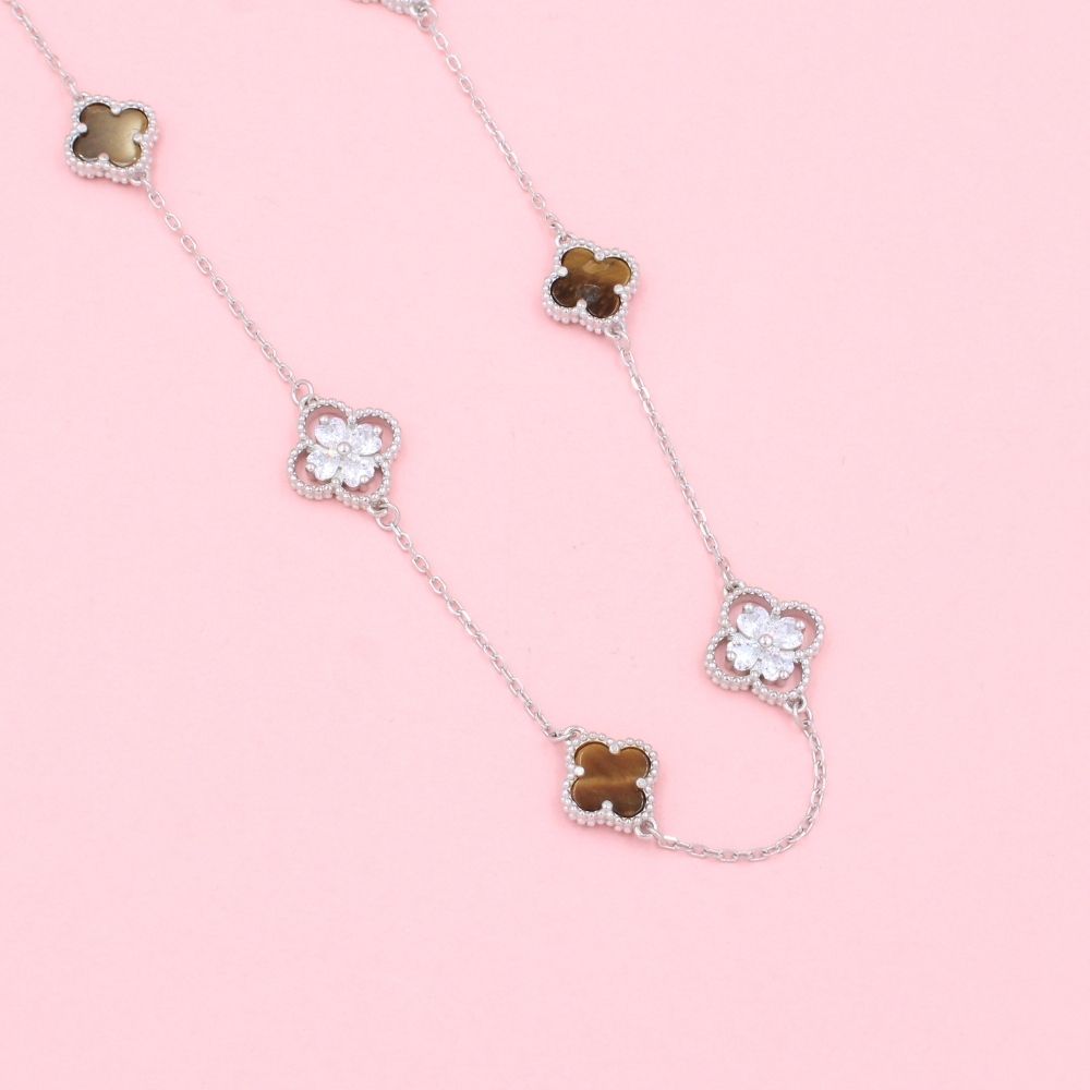 Gargantilla de Plata .925 con Tréboles de Ojo de Tigre e Incrustados con Zirconias Finas mod. 1035