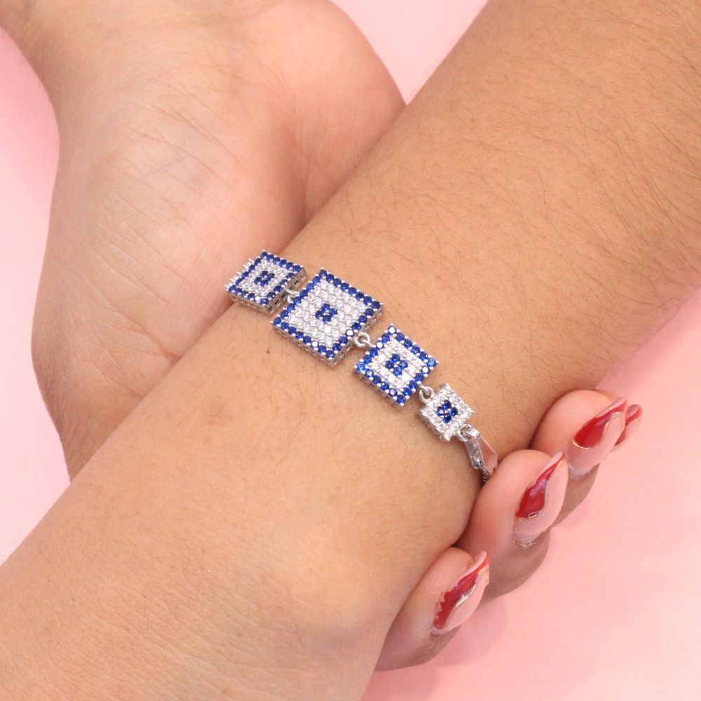 Pulsera de Plata .925 con Ojo Turco de Figura Cuadrada con Incrustación de Zirconias mod. 0986