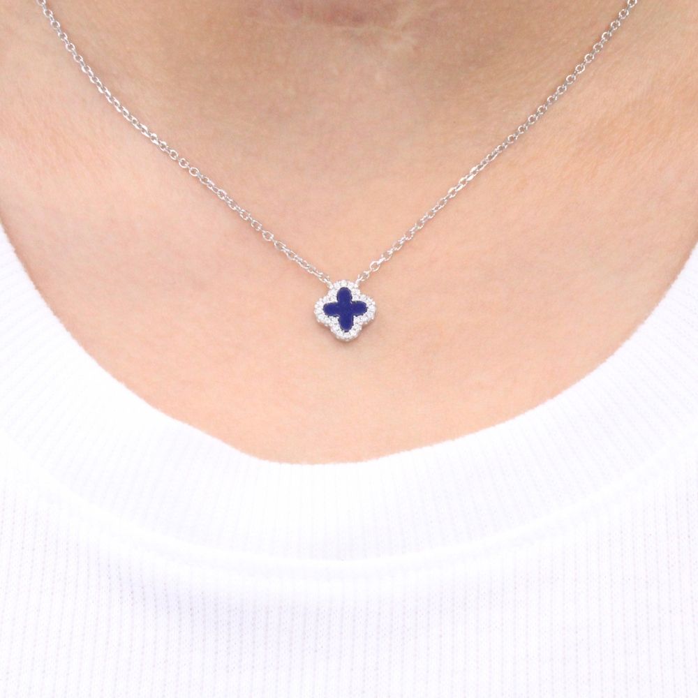 Gargantilla de Plata .925 Trébol de Ónix Azul con Bisel de Zirconias mod. 1200