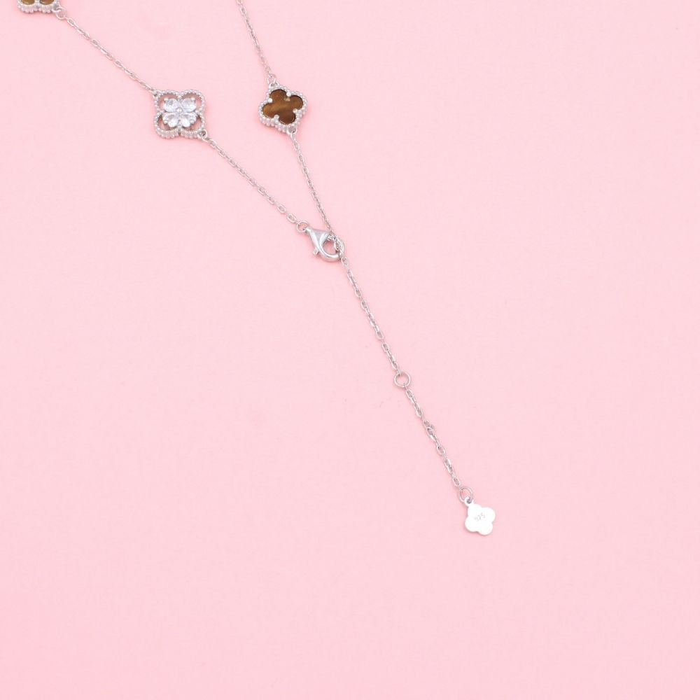 Gargantilla de Plata .925 con Tréboles de Ojo de Tigre e Incrustados con Zirconias Finas mod. 1035