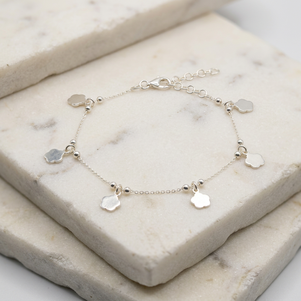 Pulsera de Plata. 925 Diseño Flores Lisas con Colgantes Elegantes y Extención mod.3277