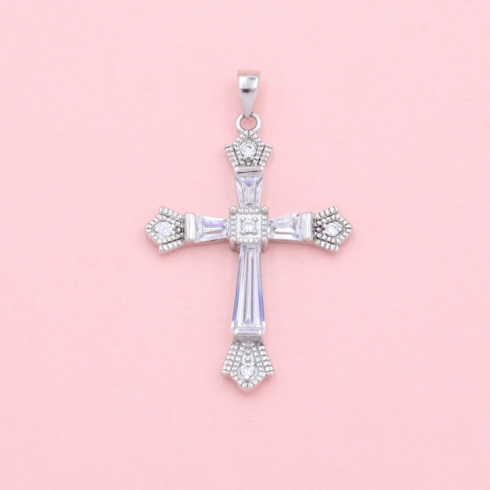 Cruz de Plata .925 Diseño Fino con Zirconias de Corte Baguette mod. 1258
