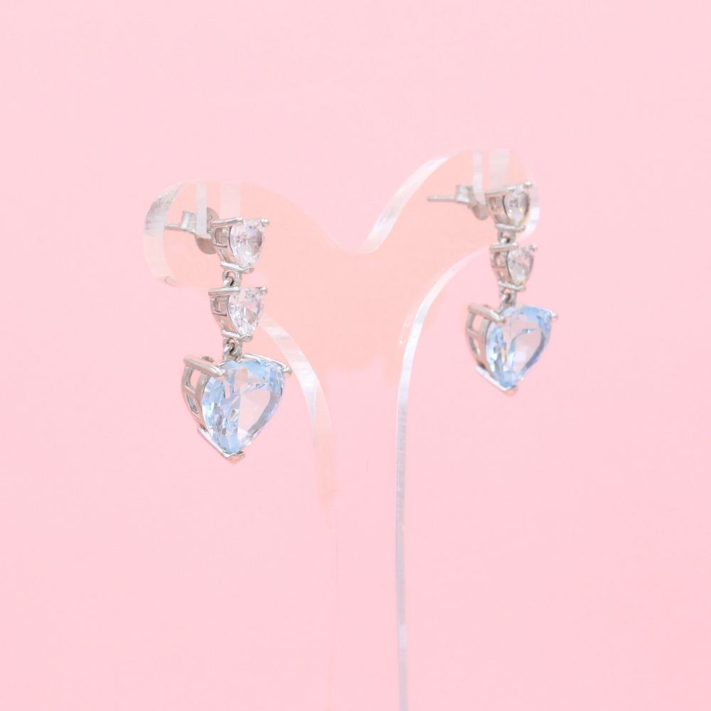 Arete Largo de Plata .925 Corazones de Moissanita Azul Cristalino mod. 1227